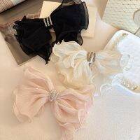 Korean-Style Pleated Fabric Rhinestone Big Bow Head Clip Fairy Style Girls Hairpin Back Head Spring Clip