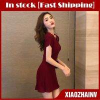 ♞✐▦ Xiaozhainv Korean Short Sleeve V-Neck Dresses Buttons Slim A-Line Knitted Dress