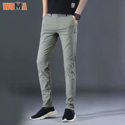 WOMA กางเกงผู้ชาย ผ้าน้ำหนักเบา กางเกงขายาวทรงสลิมฟิต กางเกงลำลองยืด กางเกงเอนกประสงค์สำหรับผู้ชาย