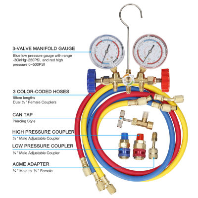 2021For R12 R22 R404A R134A Refrigerant Manifold Gauge SET Air Condition Refrigeration Set Air Conditioning Tools Hose and Hook