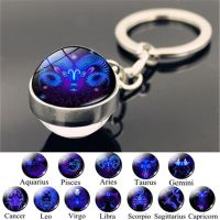 【DT】Fashion 12 Constellation Keychain Double Side Glass Cabochon Ball Keychain Zodiac Signs Key Rings Jewelry for Women Men Gift hot