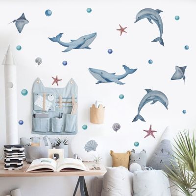 Cartoon Cute Ocean Whale Dolphin Watercolor Nursery Stickers Removable Wall Decals Art Print Kids Boys Room Interior Home Decor