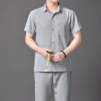 Ready Stock?? Lapel shirt two-piece suit dad suit solid color short-sleeved mens clothes for the elderly grandpa ice silk cotton short-sleeved suit