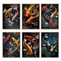 Luyameishop จีน Golden Koi Fish ภาพวาด Lucky ปลาคาร์พโปสเตอร์ Home Decor พิมพ์ Lotus Pond ภาพ Modern Room Gallery ภายในผนัง Cuadros Art