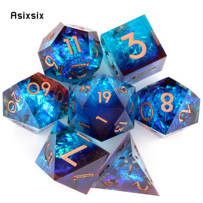 7ชิ้นสีแดงสีฟ้าเรซิ่นโกลเด้นจำนวนคมขอบลูกเต๋า Polyhedral ลูกเต๋าเหมาะสำหรับการเล่นตามบทบาท RPG เกมกระดานเกม