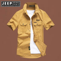 JEEP SPIRIT 1941 ESTD ฤดูร้อนแขนสั้นใหม่เสื้อเชิ้ตลำลองเสื้อเชิ้ตลำลองหลวมสำหรับผู้ชายเสื้อเชิ้ตทำงานบาง