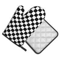 Black Checkerboard Kitchen Glove Classic Black White Checker Microwave Mitten Pot Holder Grill Air Fryer Insulation Mitts Set