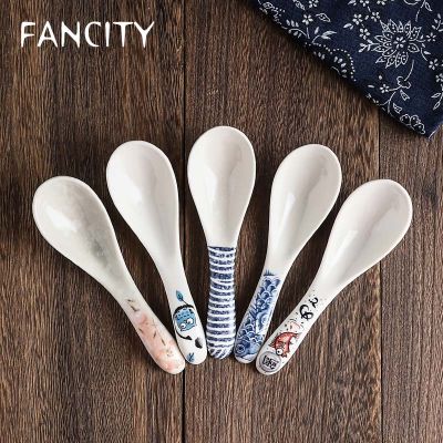 FANCITY Personalized Japanese-style soup spoon  net red spoon  ceramic soup spoon  household creative portable tableware  small Serving Utensils