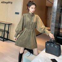 Corduroy Dress Women Tunic Spring Autumn Elegant High Street Long Sleeve Party Baggy A-line Korean Solid Retro Vintage Empire