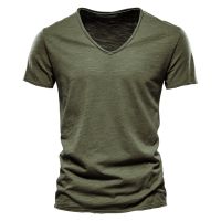 2021 New Summer V-neck T-shirt Men 100% Combed Cotton Solid Short Sleeve T Shirt Men Fitness Undershirt Male Tops Tees