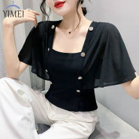 YIMEI เสื้อยืดคอกลมทรงสี่เหลี่ยมสไตล์ฝรั่งเศสสำหรับผู้หญิงเสื้อยืดสตรีแขน5/4กันแดดผ้าคลุมไหล่ผ้าชีฟองใหม่สำหรับ2023ฤดูร้อน