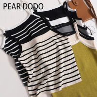 PEAR DODO เสื้อกล้ามเอี๊ยมลายทางสำหรับผู้หญิงผ้าไอซ์ซิลค์ถักเนื้อบางสไตล์เกาหลี