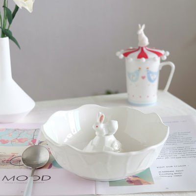 Cute Ceramic Tableware Three-dimensional Rabbit Bowl Use for Make Dessert Salad Cereal Breakfast Oat Yogurt Utensils for Kitchen