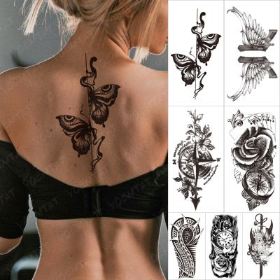 hot！【DT】●❀❀  Temporary Sticker Old School Moth Tatto Compass Flowers Arm Fake Sleeve Tatoo