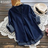 ✱ ZANZEA 2023 Womens Denim Blue Shirts Fashion Autumn Blouse Casual Button V Neck Long Sleeve Tops Jean Tunic Blusa Plus Size