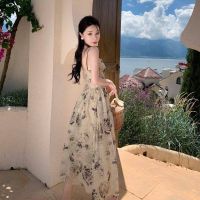 Summer new print suspender dress French national style retro floral dress off the shoulder sexy dress beach skirt long skirtTH