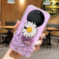 เคสด้านหลังแบบนุ่มปักเลื่อมลายดวงจันทร์สำหรับ Huawei Mate 60 Pro เคสมันเงาคู่ ดอกเบญจมาศพับเป็นขาตั้งซิลิโคนใสสำหรับ Huawei Mate 60 Pro