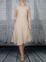 【YF】 Mother of the Bride Dress Champagne Scoop Neck Tea-Length Chiffon Lace Appliques Ruffles Half Sleeve Formal Wedding Party 2023