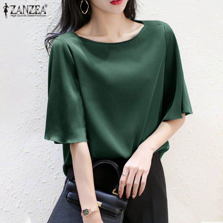 เคลียร์สต๊อกขาย-จัดส่งฟรี-fancystyle-zanzea-ผู้หญิงสไตล์เกาหลีแขนสั้นเสื้อซาตินเนียนเสื้อยืดท็อปส์สำนักงานธุรกิจเสื้ออย่างเป็นทางการ-11