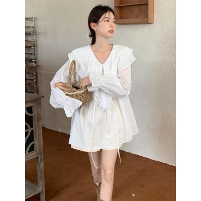 ‘；’ MEXZT Vintage Sweet Ruffles Shirts Women 4Xl White Elegant Oversize Sun-Proof Blouses Korean Cute Flare Sleeve Loose Casual Tops