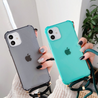 เคสโทรศัพท์มีสายคล้องสร้อยคอสำหรับ iPhone 13 11 12 Pro Max XR XS Mini 8 6S 7 Plus SE ซิลิโคนอ่อนชัดเจนเคสโทรศัพท์แบบ Crossbody หลากสี