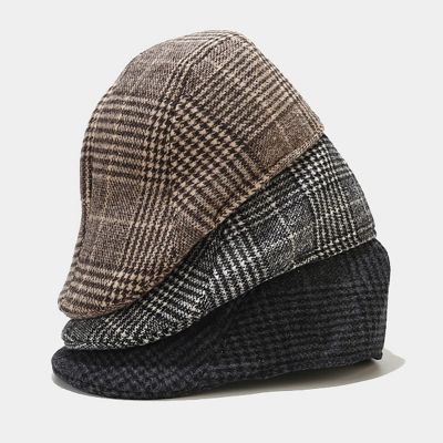 ✼✢❀ 2023 Autumn Winter Men Wool Beret British Vintage Flat Top Peaked Cap Women Warm Plaid Painter Hat Forward Newsboy
