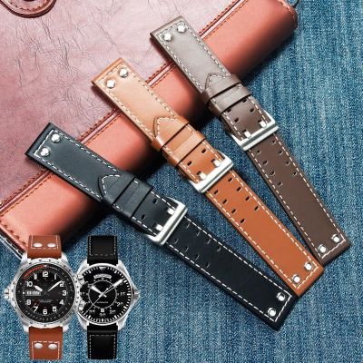 ✒۞₪ 20mm22mm Double Row Hole Leather Straps for Hamilton Seiko Watch Band Rivet Mens Military Pilot Khaki Field Aviation Watch Belts