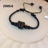 TIMIA อุปกรณ์เครื่องประดับอัญมณี สร้อยคอจี้ปี่เซียะ สไตล์จีนใหม่ เชือกสำหรับมือ เครื่องประดับแบบถัก สร้างสรรค์และสร้างสรรค์ โซ่กระดูกไหปลาร้า สร้อยข้อมือเชือกสีดำ สำหรับผู้หญิง