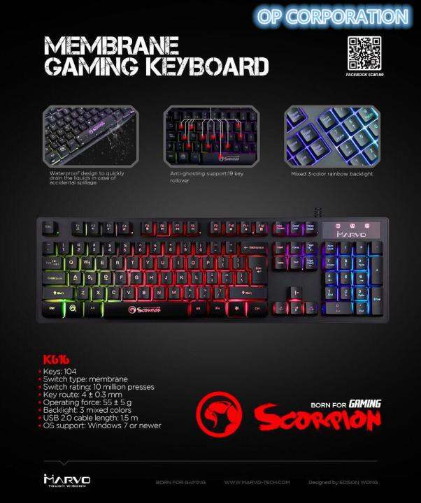 marvo-คีย์บอร์ดเกมมิ่ง-คีย์บอร์ดมีไฟ-keyboard-gaming-scorpion-rainbow-black-light-รุ่น-k616-สีดำ