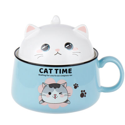 Creativity High Capacity Cute Cat Ceramics Instant Noodle Bowl With Lid Spoon Dorm Room Student Office Super Large Bowl