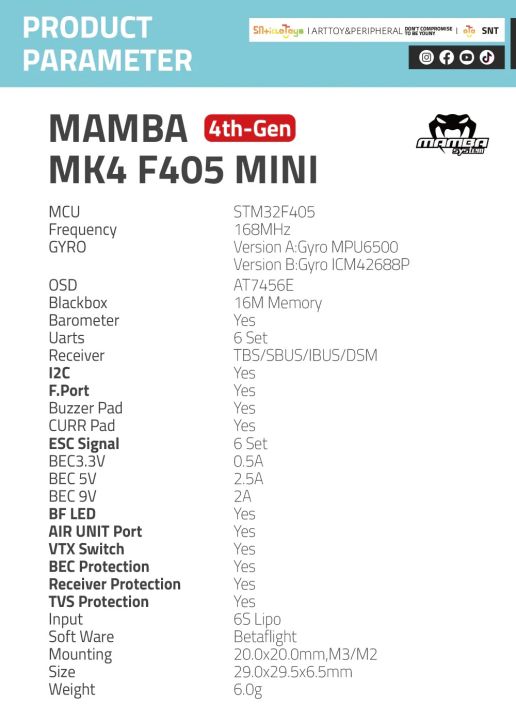 diatone-fc-esc-stack-บอร์ดควบคุมการบิน-flight-control-esc-diatone-mamba-mk4-f405-mini-f40-bls-40a-blheli-s-2-6s-4in1-esc-8bit-2-6s-dshot600-สำหรับโดรน-fpv-racing-fpv-freestyle-ขนาด-20x20