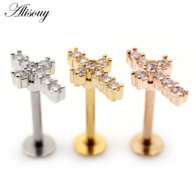 Alisouy 2pc Steel Zircon CZ Cross 16G Tragus Helix Labret Lip Bar Rings Stud Cartilage Ear Piercings Body Jewelry For Women Men