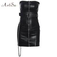 Artsu Gothic Women Black Leather Zipper Mini Dress Off Soulder Strapless Bodycon Femme Club Party Dresses Chain Belt ASDR70298