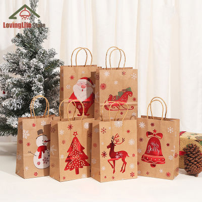 ถุงกระดาษคราฟท์พร้อมที่จับกระเป๋าคริสต์มาส1/4ชิ้นสำหรับปาร์ตี้คริสต์มาสของขวัญถุงขนมคุกกี้ของตกแต่งถุงซานตา