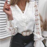 The new foreign trade product speed sell pass hot style shirt 2023 pure color lace v-neck cardigan dress shirt