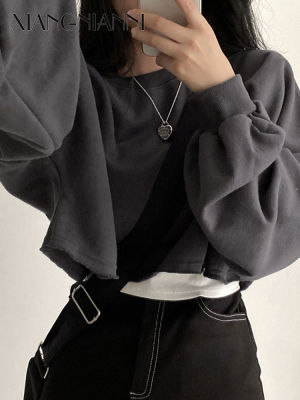 XIANG NIAN NI เสื้อฮู้ดแบบสั้นผู้หญิงเกาหลีใต้สีทึบเสื้อครอปแบบหลวมคอกลมแฟชั่นของผู้หญิง