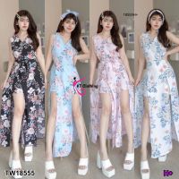 PP18555 Jumpsuit พิมพ์ลายดอกไม้ คลุมกระโปรงเหมือนเดรส ผ่าหน้า + สายผูก