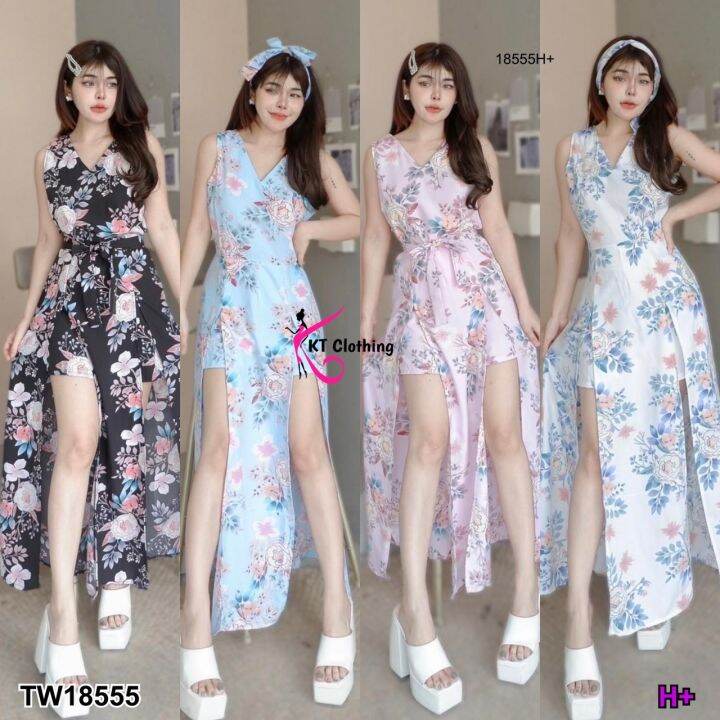 tw18555-jumpsuit-พิมพ์ลายดอกไม้-คลุมกระโปรงเหมือนเดรส-ผ่าหน้า-สายผูก