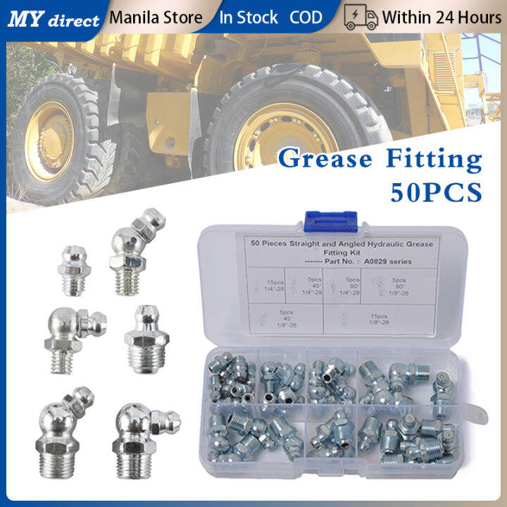 50pcs Hydraulic Grease Fitting Kit Straight Angled Grease Zerk Nipples