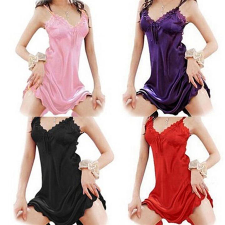ชุดนอนผ้าไหมซาตินสำหรับผู้หญิงชุดนอนเสื้อคลุมลูกไม้-baju-tidur-seksi-สีม่วงกระโปรงชุดเดรสสำหรับนอน