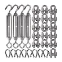 4-Pcs Cable Tensioner Ring Hook 16-Pcs 1/8 Inch Wire Rope Cable Clip/Clamp(M3), 8-Pcs Thimble(M3) Kit