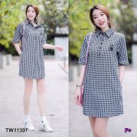 J11307 Dress เดรส คอปก ลายสก็อต สกรีนมาริโอ