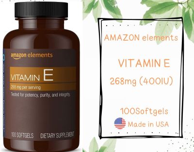 วิตามินอี 400IU, Amazon Elements Vitamin E, 400IU, 100 Softgels, 100 days of supply
