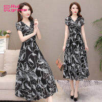 Women Dresses Soft Short-sleeved Floral Printed Dress V-neck Mid-length PulloverIrregular High-waisted A-line Dress