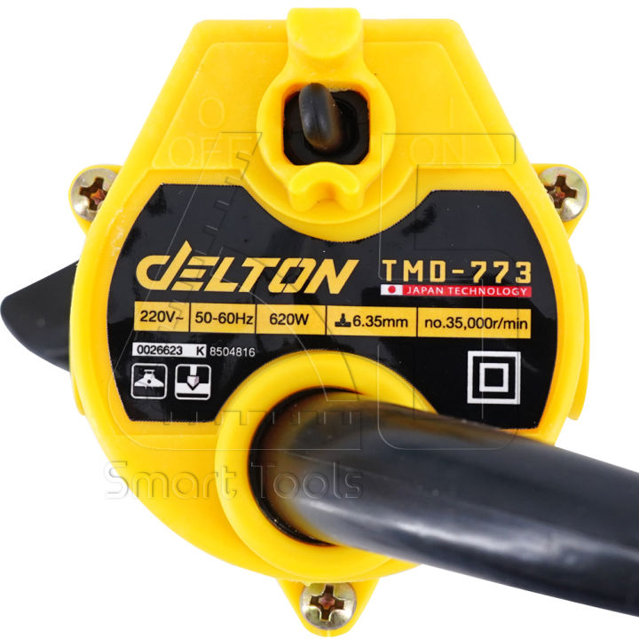 delton-เครื่องเซาะร่อง-ทริมเมอร์-620-วัตต์-เครื่องเซาะร่องไม้-1-4-นิ้ว-เร้าเตอร์-wood-trimmer-รุ่นใหม่-tmd-773-สีเหลือง