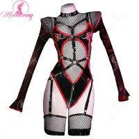 Women Ninja Sexy Lingerie Set Black Cutout Zipper Bodysuit With Long Sleeve Mesh Top And Stockings