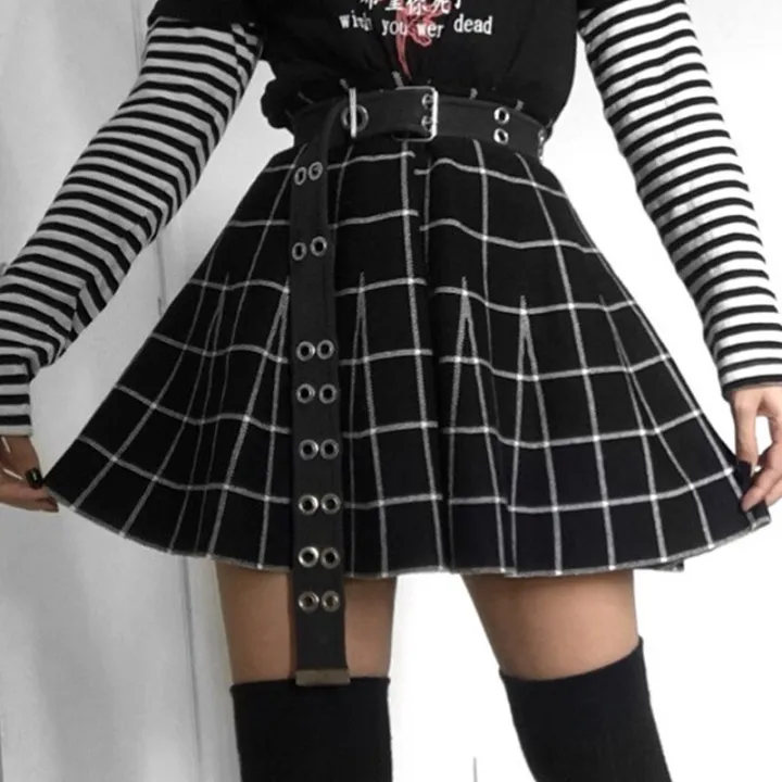 E-girl Check Skirt EMO Aesthetic Outfit Women Plaid Elastic Waist Pleated  Mini Skirt | Lazada PH