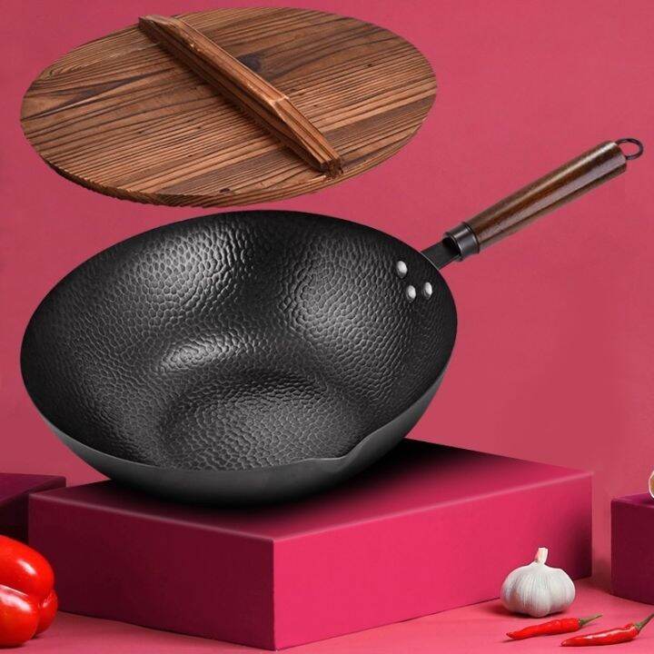 Carbon Steel Wok With Wooden Handle And Lid,Using For Electric