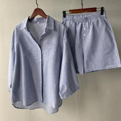 [COD] Two-piece Ladies 2022 Cotton Shorts Set Boho Shirt Waist Loose