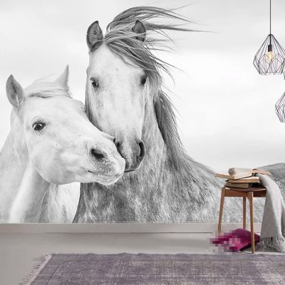 ภาพติดฝาผนังคู่ม้าสีขาวแบบสามมิติกำหนดเอง Dinding Kamar Tidur ห้องนั่งเล่นวอลล์เปเปอร์รูปภาพสไตล์นอร์ดิกทันสมัยแบบ Papel De